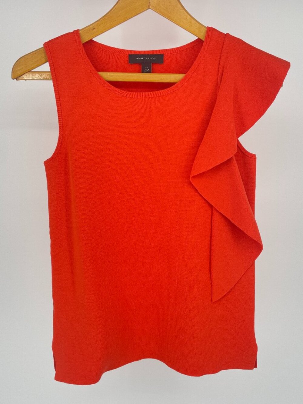 Ann Taylor Bright Orange Asymmetrical Ruffle Knit Top XS